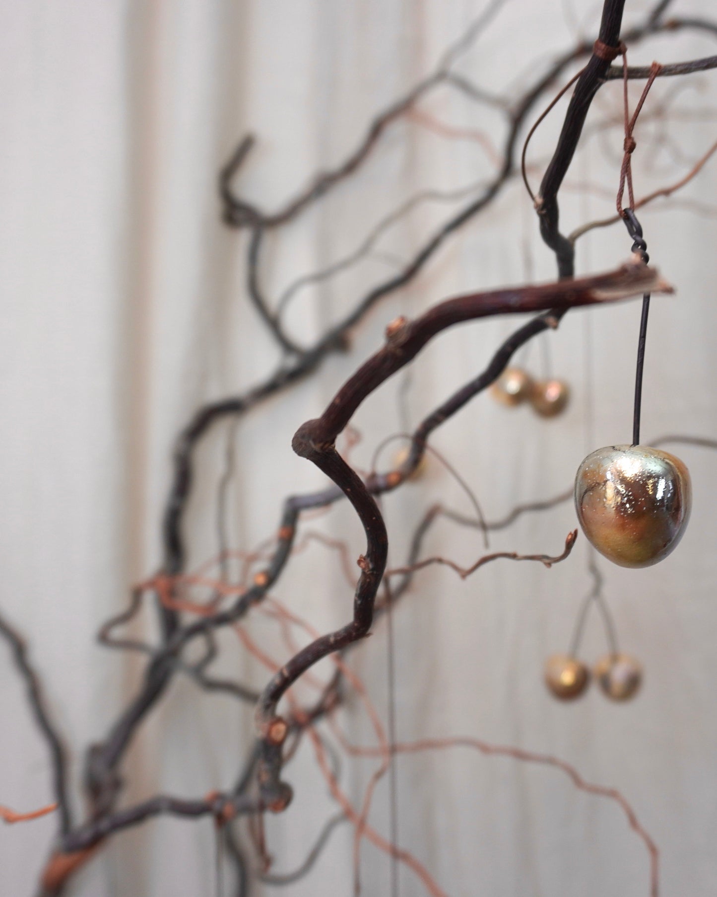 Goldene Keramikkirsche Iskra an Ast hängend