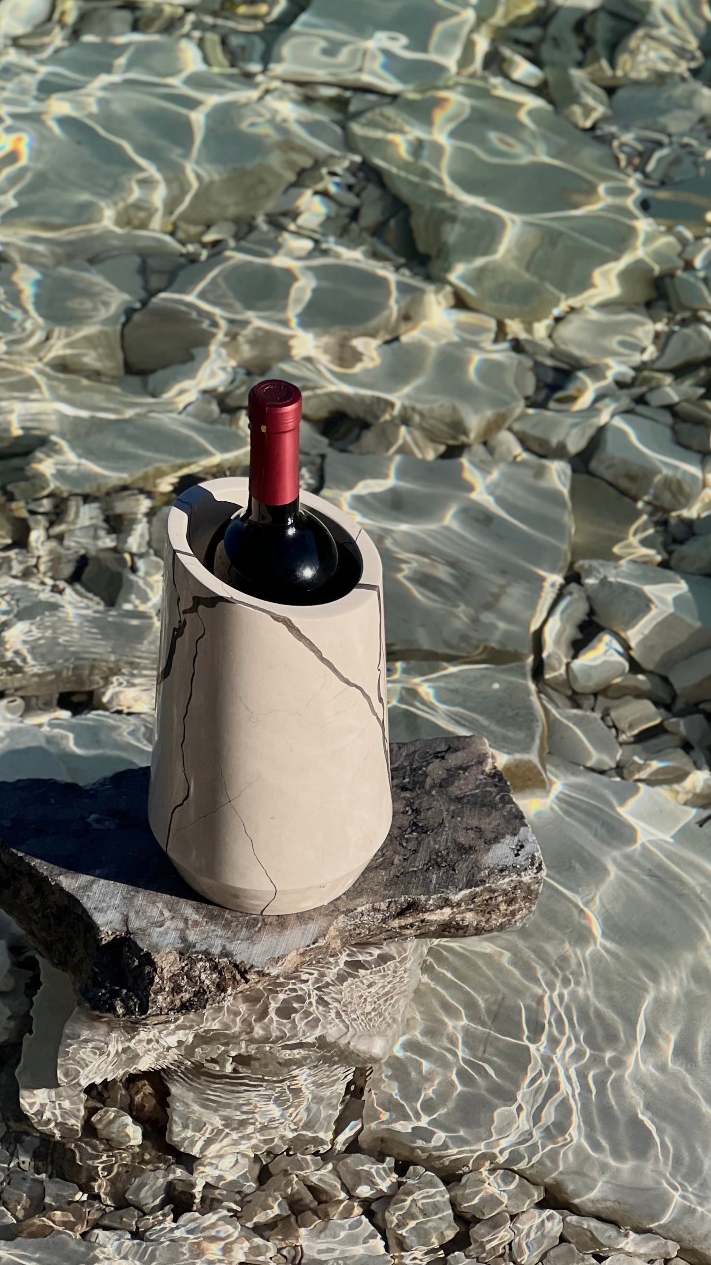 Weinkühler Vedran auf Stein im Meer